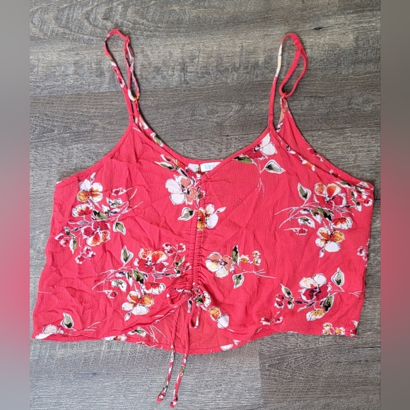 Patrons Of Peace Cropped Tank Women's L Red w/ White Floral Center Cinched Flowy - Picture 5 of 12